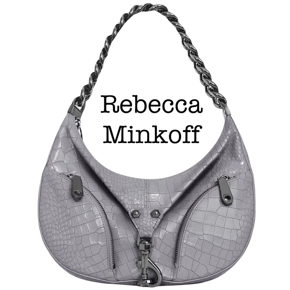 New Rebecca Minkoff Julian Croissant Smoke Crocodile Chain Strap Hobo Bag